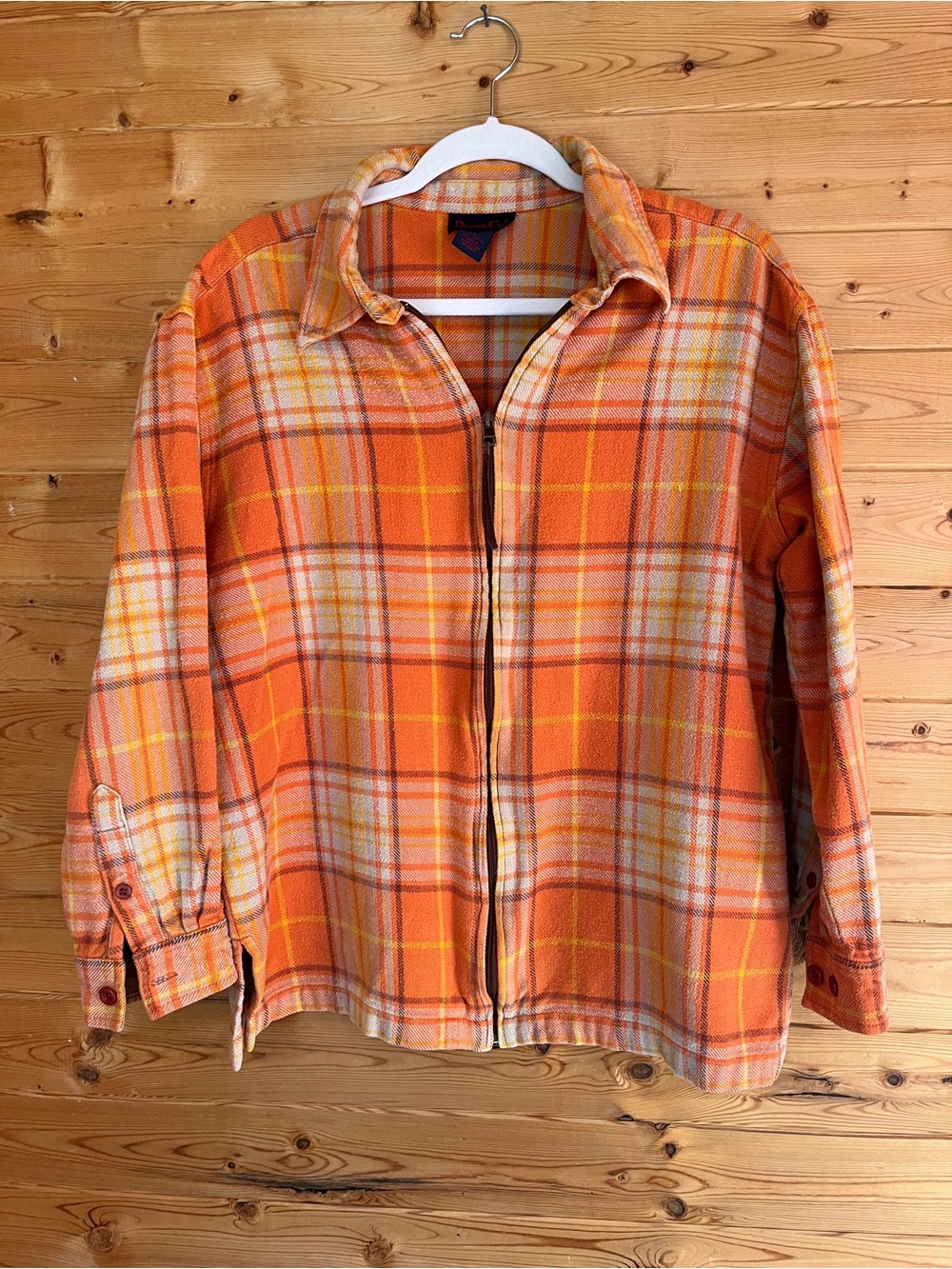 Denim&Co Vinyage Orange Plaid Zip-Front Utility Jacket 100% Cotton Size L